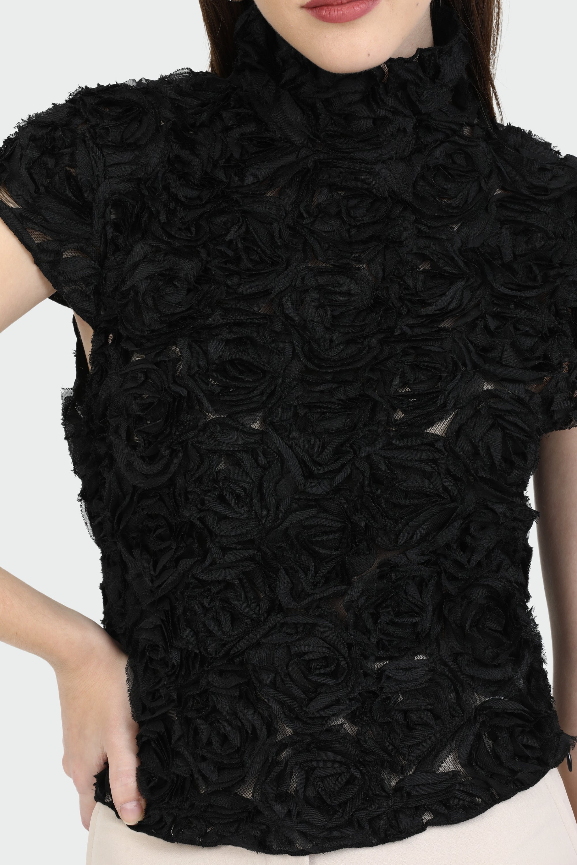 Black Rose-Embellished Mock Neck Top