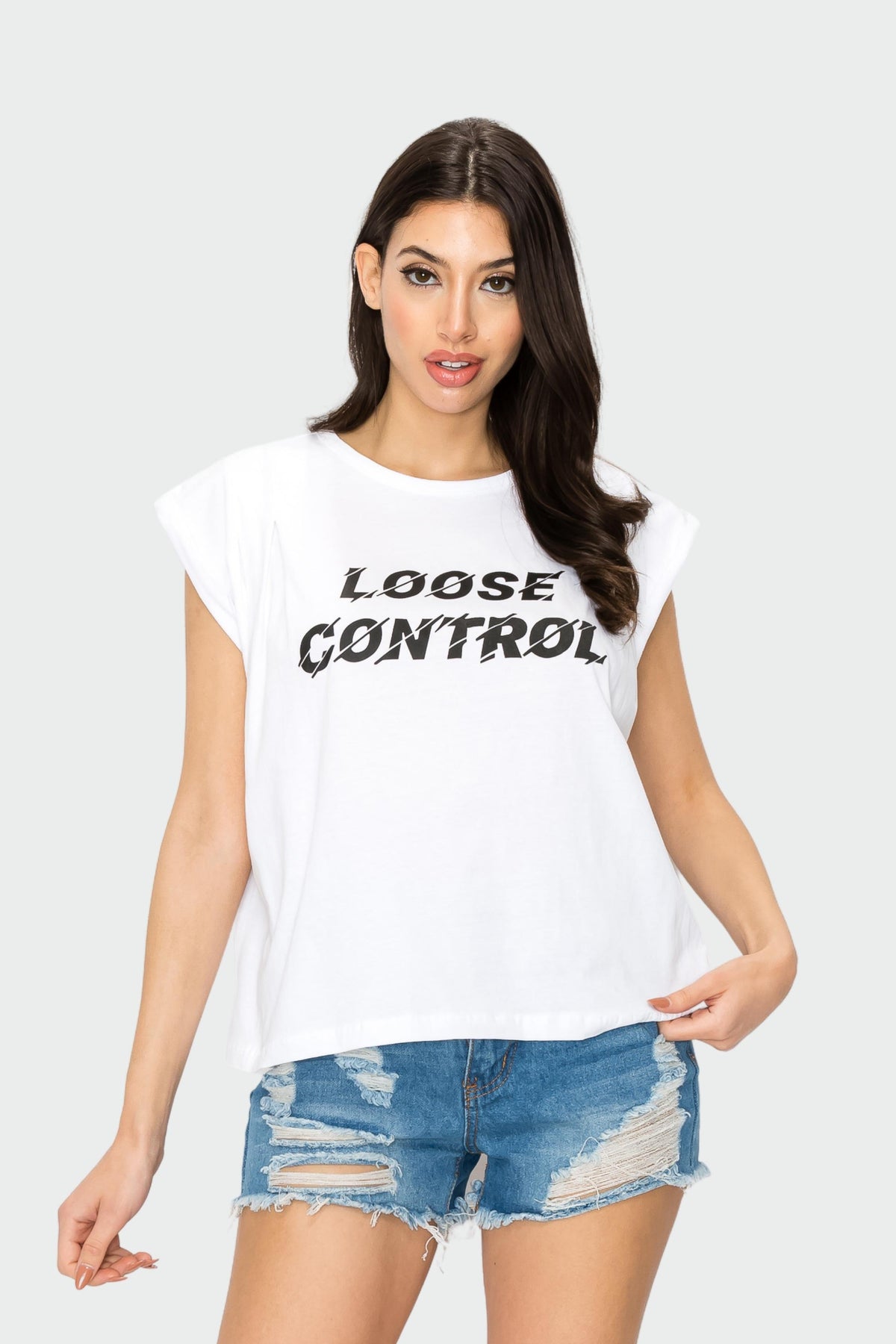 Straight Fit White Contrast-Slogan Cap Sleeve T-Shirt.