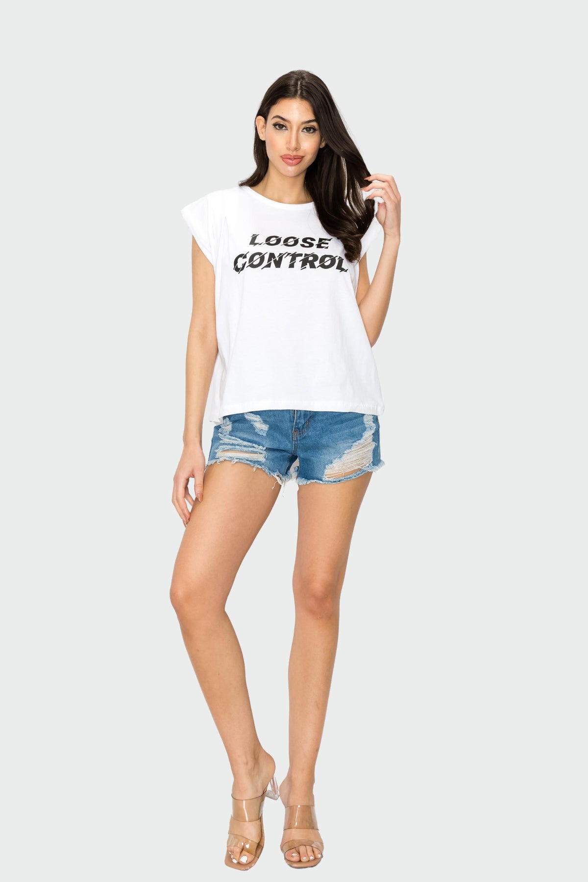 Straight Fit White Contrast-Slogan Cap Sleeve T-Shirt.