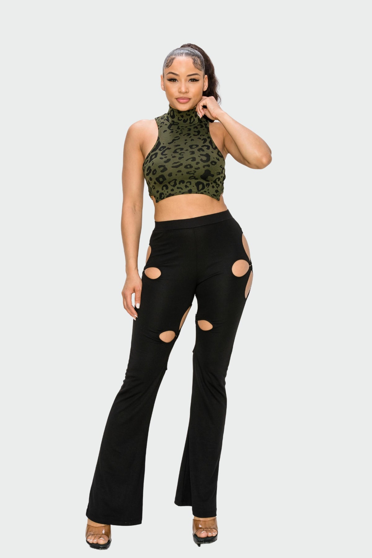 Khaki and Black Leopard Printed O-Ring Crop Top