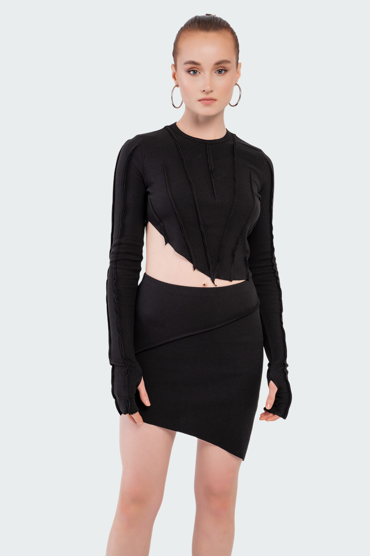 Black piping crop top & mini skirt set