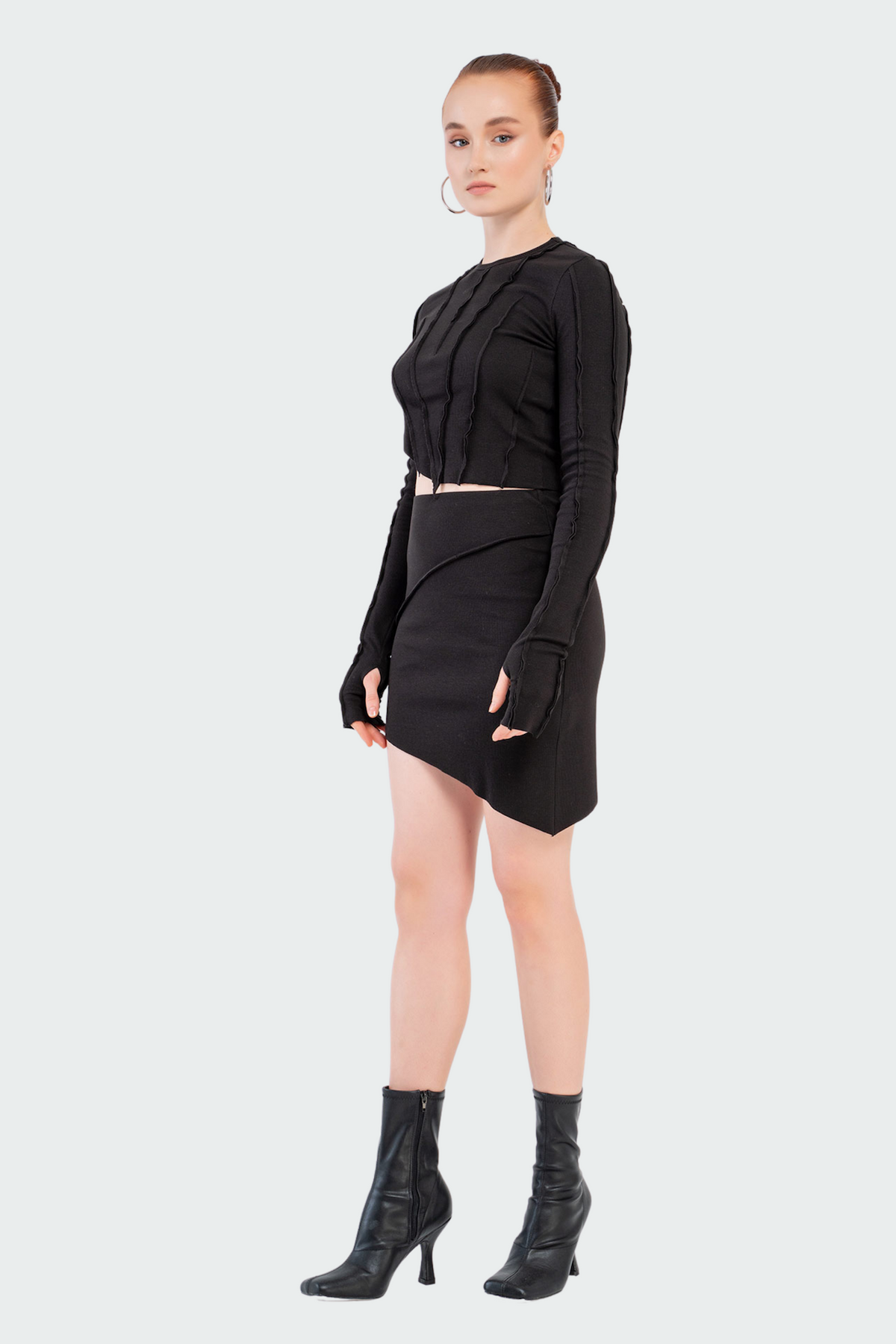 Black piping crop top &amp; mini skirt set