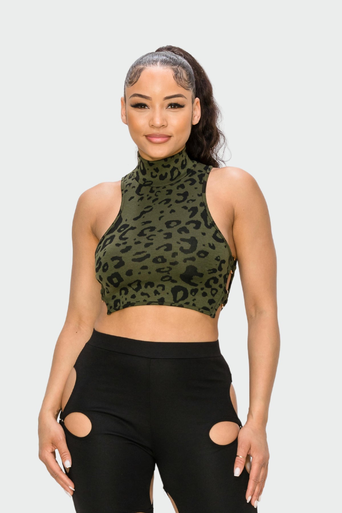 Khaki and Black Leopard Printed O-Ring Crop Top