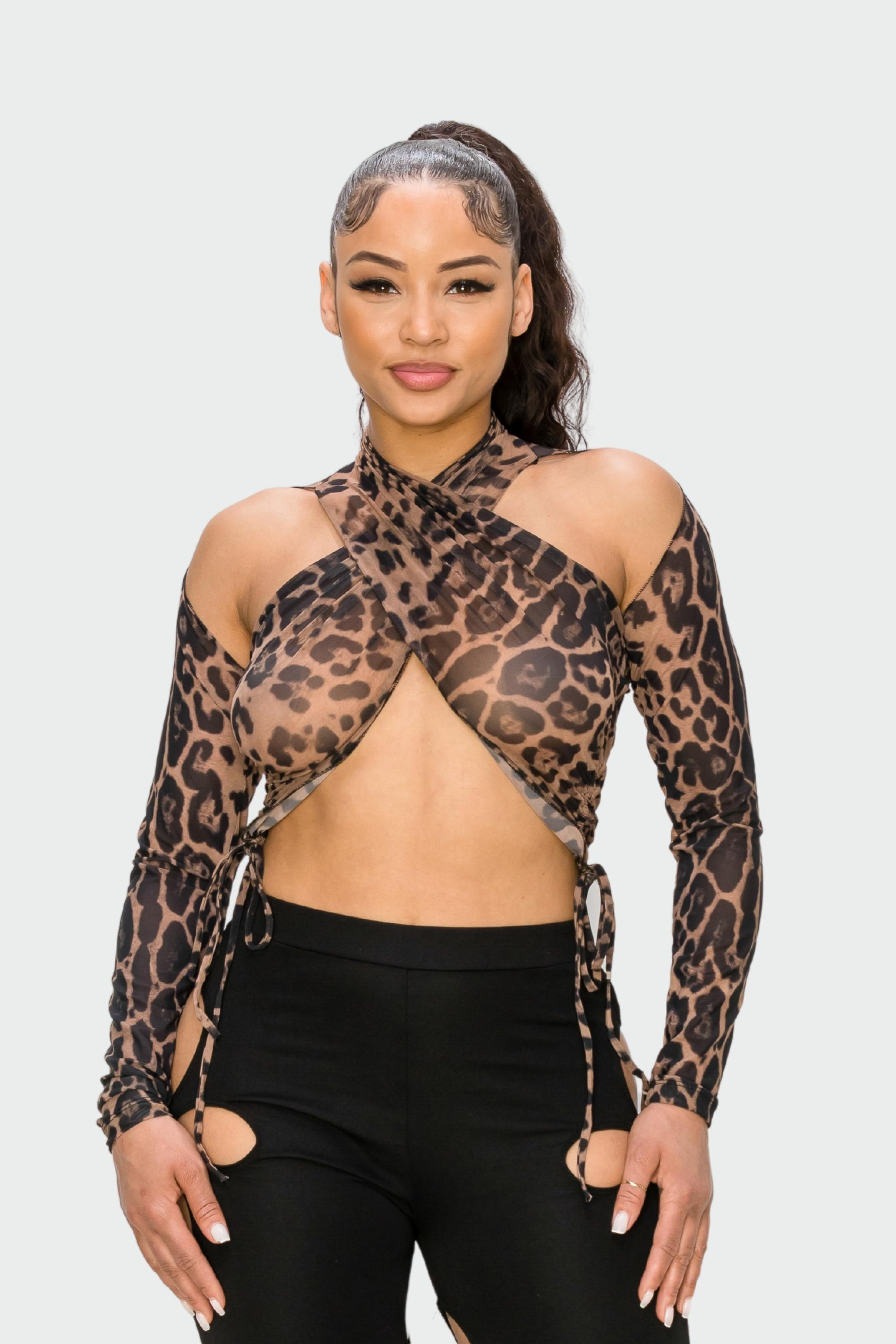 Nude Black Leopard Printed Crop Mesh Top - Heny Star